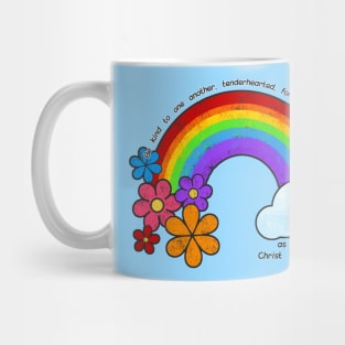 Be Kind to one another Scripture with Rainbow and Flowers Mug